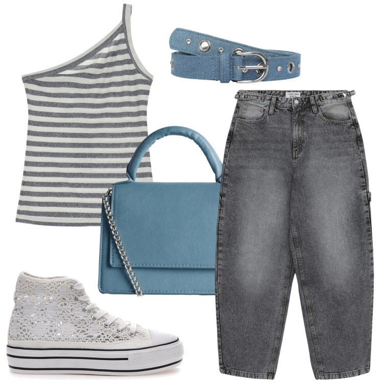 Outfit donna - Total look #2220010. Stile Urban per Tutti i giorni. Abbinamento con borse a tracolla, cinture, jeans, top, sneakers alte.