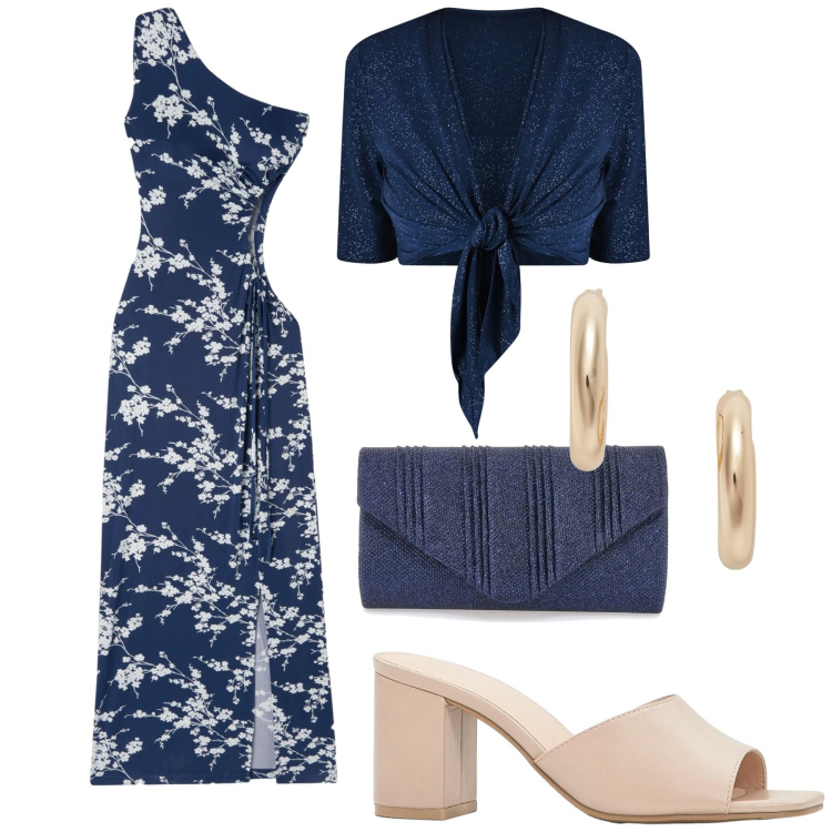 Outfit donna - Abito cut-out elegante. Stile Chic per Cerimonia. Abbinamento con sandali col tacco, vestiti asimmetrici, bolero, orecchini, clutch.