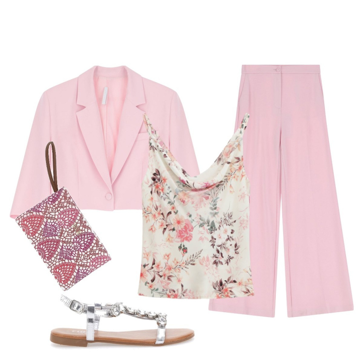 Outfit donna - Testimone di nozze. Stile Chic per Cerimonia. Abbinamento con pantaloni, canottiere, blazer, sandali gioiello, pochette.