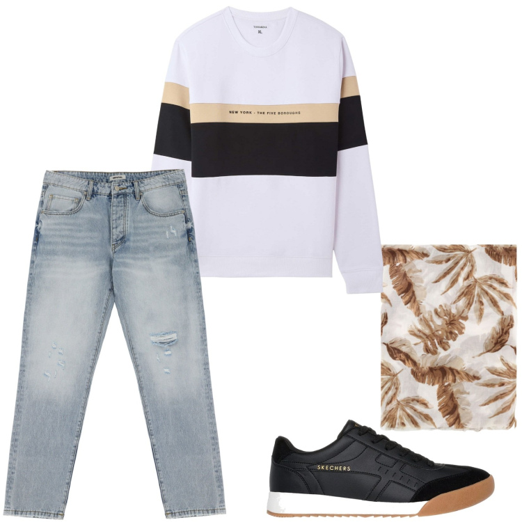 Outfit uomo - Comodità con Skechers. Stile Casual per Tutti i giorni. Abbinamento con felpe con cappuccio, jeans strappati, sciarpe e foulard, sneakers.