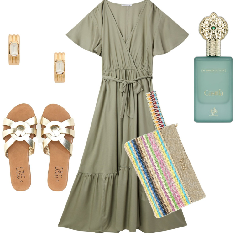 Outfit donna - In vacanza. Stile Etnico per Tutti i giorni. Abbinamento con profumi, vestiti lunghi, orecchini, ciabatte, pochette.