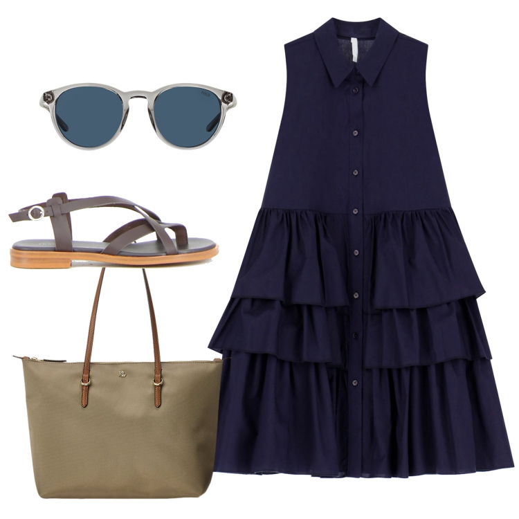 Outfit donna - Blu. Stile Bon Ton per Tutti i giorni. Abbinamento con vestiti corti, occhiali da sole, borse tote, sandali.