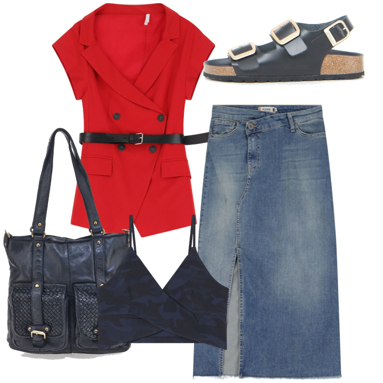 Outfit donna - Blazer rosso e denim. Stile Bon Ton per Tutti i giorni. Abbinamento con gonne longuette, blazer, top, sandali, borse a spalla.