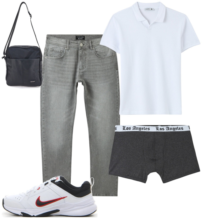 Outfit uomo - Polo bianca jeans grigio chiaro. Stile Casual per Tutti i giorni. Abbinamento con polo, jeans, boxer, borse sportive, sneakers.