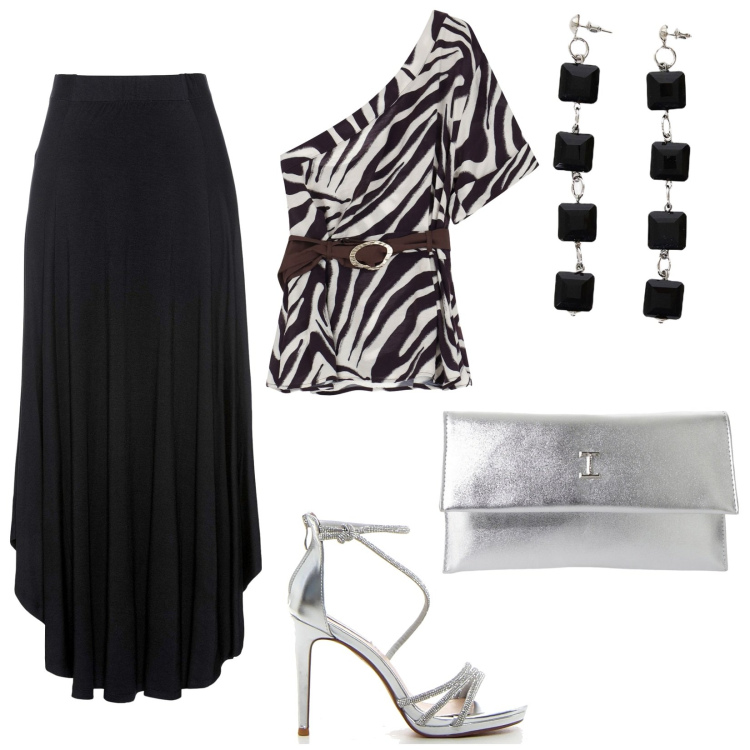 Outfit donna - Serata glamour. Stile Glamour per Serata fuori. Abbinamento con gonne, top, pochette, orecchini, sandali col tacco.