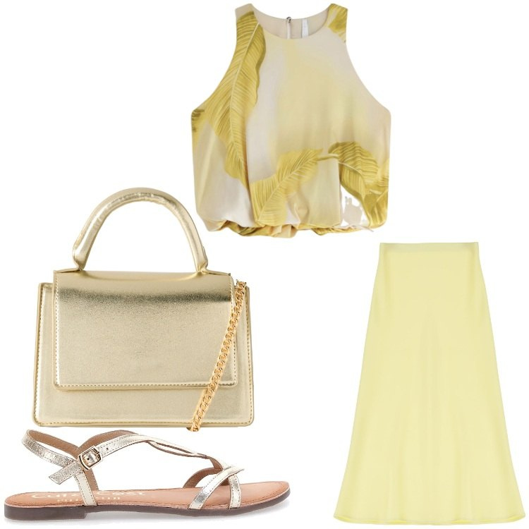 Outfit donna - Oro. Stile Chic per Serata fuori. Abbinamento con borse a tracolla, gonne longuette, top, sandali in pelle.
