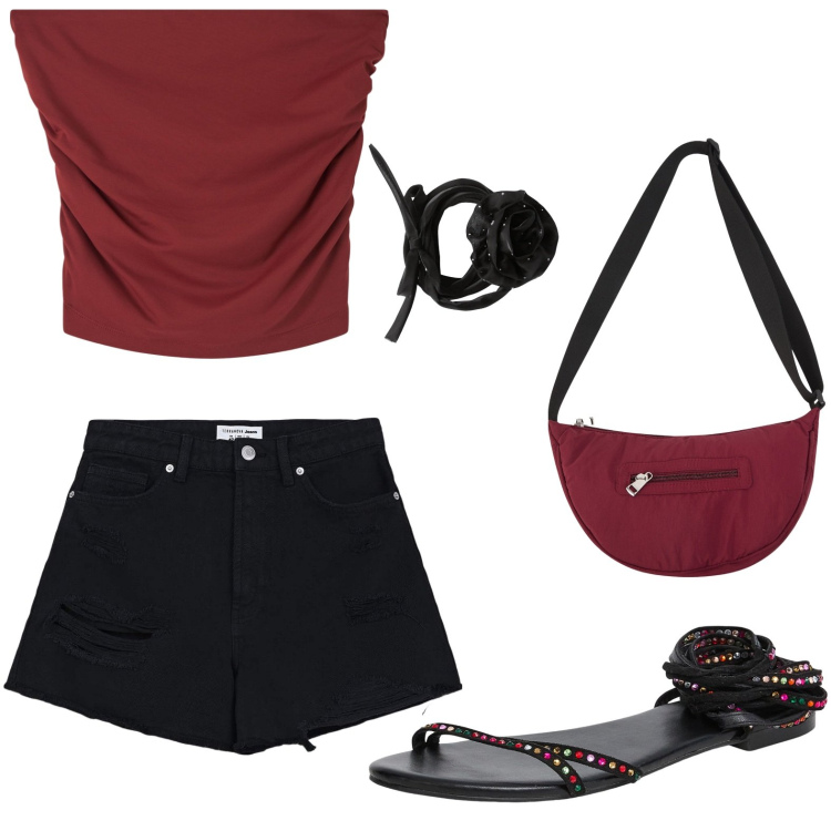 Outfit donna - Ad un concerto. Stile Trendy per Serata fuori. Abbinamento con shorts, top, sandali alla schiava, collane, borse a tracolla.
