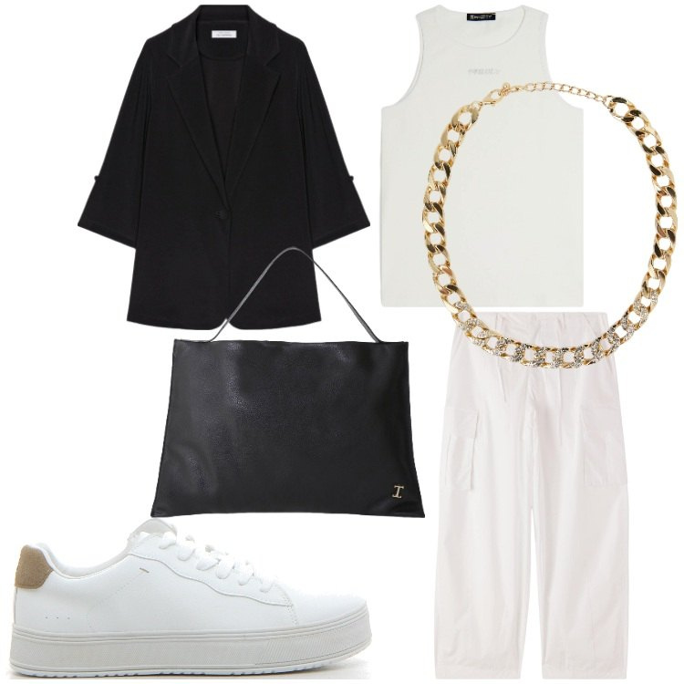 Outfit donna - Miss Trendy. Stile Urban per Tutti i giorni. Abbinamento con pantaloni cargo, collane, borse a spalla, canottiere, sneakers, blazer.