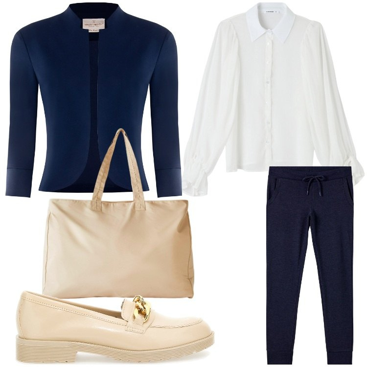 Outfit donna - Rigorosa. Stile Chic per Ufficio. Abbinamento con shopping bag, pantaloni, camicie, bolero, mocassini.