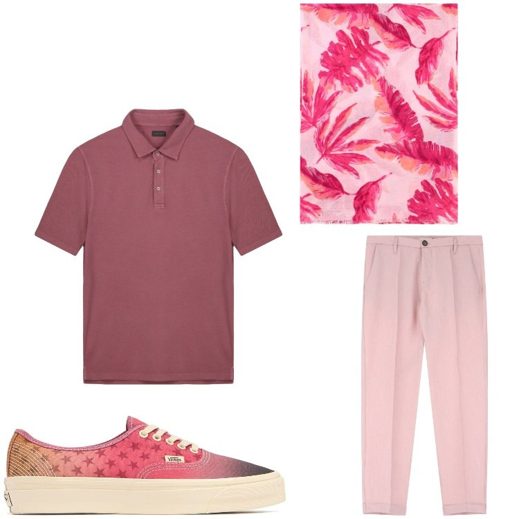 Outfit uomo - In rosa. Stile Casual per Tutti i giorni. Abbinamento con pantaloni, sciarpe e foulard, sneakers, polo.