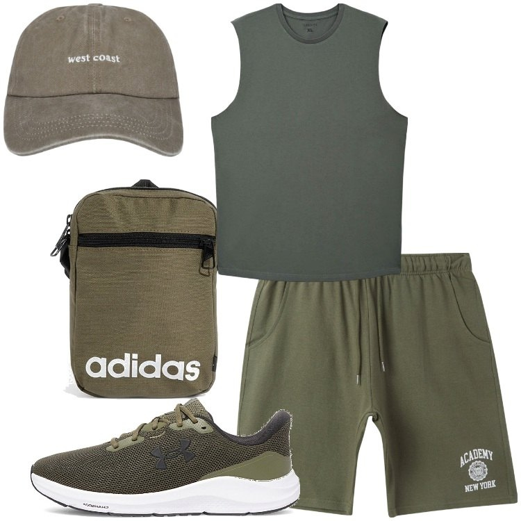 Outfit uomo - Verde militare. Stile Casual per Sport. Abbinamento con cappelli, canottiere, pantaloncini sportivi, borse sportive, scarpe sportive.