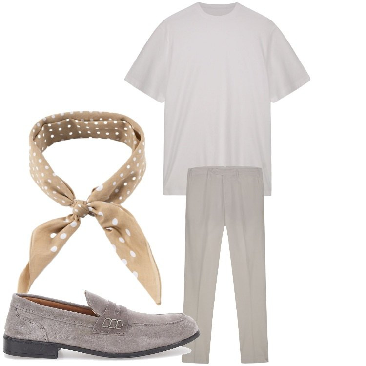 Outfit uomo - Color tortora. Stile Casual per Tutti i giorni. Abbinamento con t-shirt, sciarpe e foulard, scarpe stringate, pantaloni.