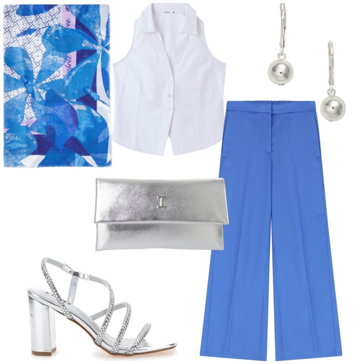 Outfit donna - Total look #2220368. Stile Minimal per Cerimonia. Abbinamento con camicie, pantaloni, pochette, orecchini, stole, sandali col tacco.