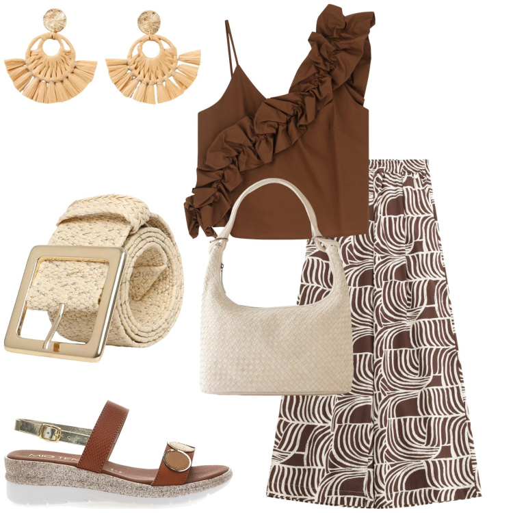 Outfit donna - Total look #2220403. Stile Casual chic per Tutti i giorni. Abbinamento con shopping bag, orecchini, cinture, pantaloni, top, sandali.