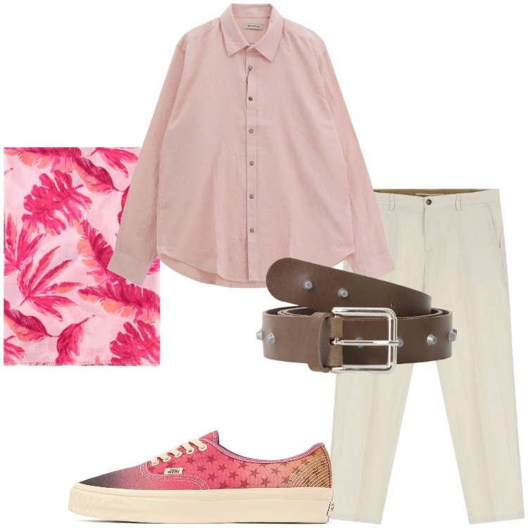 Outfit uomo - Estivo e colorato. Stile Trendy per Serata speciale. Abbinamento con cinture, camicie, pantaloni chino, sciarpe e foulard, sneakers.