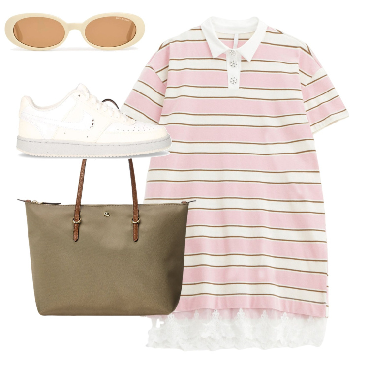 Outfit donna - Polo chic. Stile Basic per Tutti i giorni. Abbinamento con vestiti corti, borse tote, occhiali da sole, sneakers.