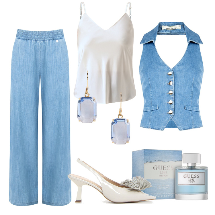 Outfit donna - Una sera d’estate. Stile Casual chic per Serata fuori. Abbinamento con profumi, top, jeans dritti, gilet, orecchini, décolleté.