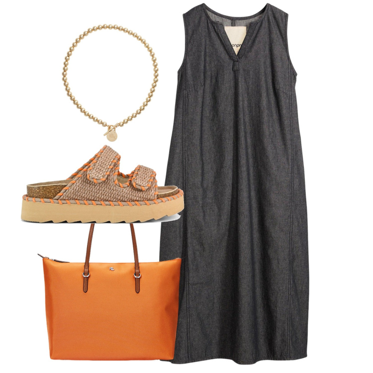 Outfit donna - Antracite. Stile Bon Ton per Tutti i giorni. Abbinamento con vestiti, collane, borse tote, sandali.