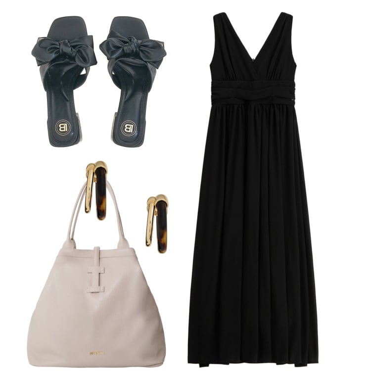Outfit donna - A cena fuori. Stile Chic per Serata fuori. Abbinamento con vestiti lunghi, borse tote, orecchini, ciabatte.