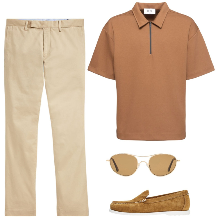 Outfit uomo - Nocciola. Stile Casual per Tutti i giorni. Abbinamento con pantaloni chino, scarpe stringate, occhiali da sole, polo.