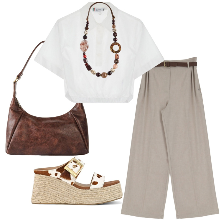 Outfit donna - Total look #2220503. Stile Glamour per Ufficio. Abbinamento con borse a mano, camicie a manica corta, pantaloni, zeppe, collane.