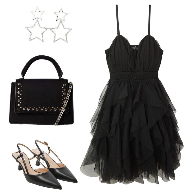 Outfit donna - La Croisette. Stile Sexy per Serata fuori. Abbinamento con vestiti corti, sabot, orecchini, borse a tracolla.