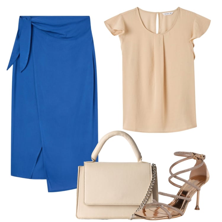 Outfit donna - Una sera. Stile Sexy per Serata fuori. Abbinamento con borse a tracolla, gonne lunghe, bluse, sandali col tacco.