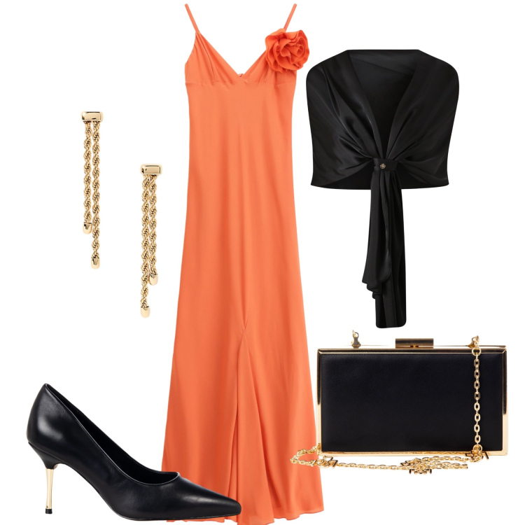 Outfit donna - Un tramonto insieme. Stile Glamour per Serata fuori. Abbinamento con scialli, décolleté, pochette, vestiti lunghi, orecchini.
