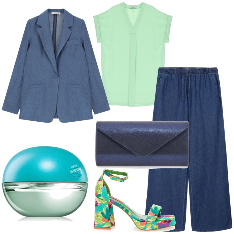 Outfit donna - Total look #2220555. Stile Glamour per Serata fuori. Abbinamento con profumi, jeans, blazer, vestiti corti, sandali col tacco, borse a tracolla.