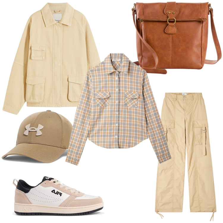 Outfit donna - In montagna in beige. Stile Sporty chic per Tutti i giorni. Abbinamento con borse a tracolla, blazer, pantaloni cargo, camicie, cappelli, sneakers.