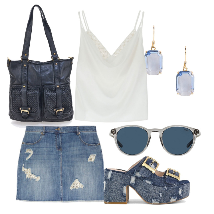 Outfit donna - La gonna in jeans. Stile Casual per Tutti i giorni. Abbinamento con canottiere, occhiali da sole, orecchini, sandali, borse a spalla, minigonne.