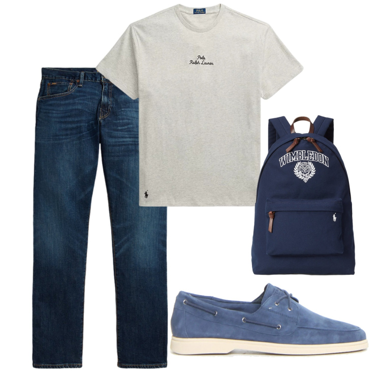 Outfit uomo - In giro con gli amici. Stile Urban per Tutti i giorni. Abbinamento con t-shirt, jeans dritti, borse sportive, scarpe stringate.