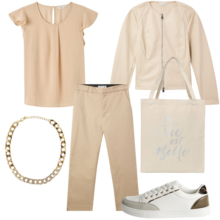 Outfit donna - Colori delicati. Stile Casual per Tutti i giorni. Abbinamento con pantaloni, bluse, blazer, sneakers, collane, borse tote.