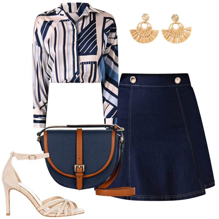 Outfit donna - La gonna in denim. Stile Casual chic per Tutti i giorni. Abbinamento con orecchini, borse a tracolla, minigonne, camicie, sandali col tacco.