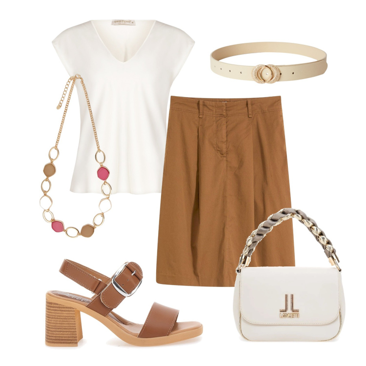 Outfit donna - Easy glam in ufficio. Stile Casual chic per Ufficio. Abbinamento con gonne longuette, cinture, bluse, sandali col tacco, collane, borse a tracolla.