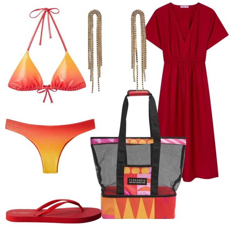 Outfit donna - In vacanza. Stile Rock per Mare. Abbinamento con vestiti lunghi, borse tote, infradito, bikini, bikini, orecchini.