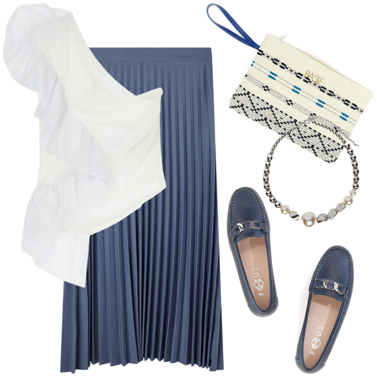 Outfit donna - Total look #2220634. Stile Chic per Serata fuori. Abbinamento con gonne lunghe, top, mocassini, collane, pochette.