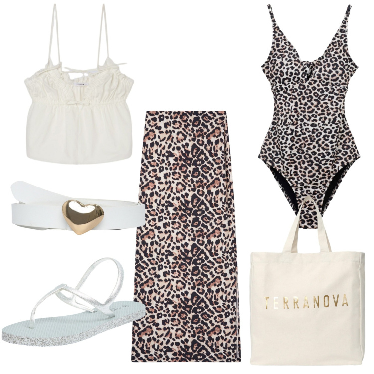 Outfit donna - Bianco e maculato. Stile Trendy per Mare. Abbinamento con gonne lunghe, borse tote, sandali, canottiere, cinture, costumi interi.