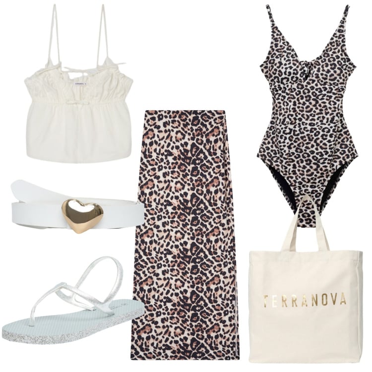 Outfit donna - Bianco e maculato. Stile Trendy per Mare. Abbinamento con canottiere, gonne lunghe, costumi interi, borse tote, sandali, cinture.