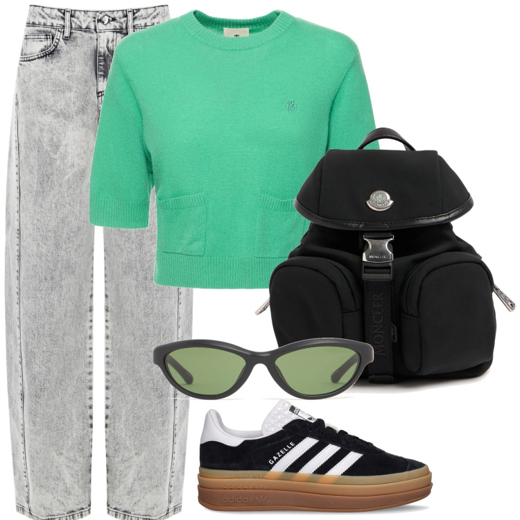 Outfit donna - Pensando a settembre. Stile Casual per Scuola/Università. Abbinamento con jeans, occhiali da sole, t-shirt, sneakers, borse a tracolla.