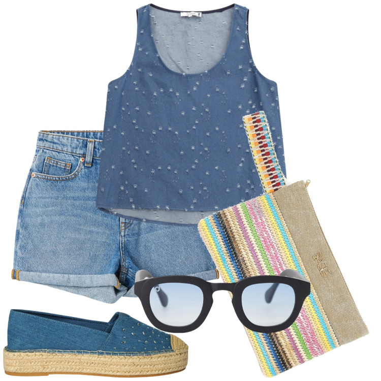 Outfit donna - Jeans per tutti. Stile Basic per Tutti i giorni. Abbinamento con shorts, espadrillas, top, occhiali da sole, pochette.