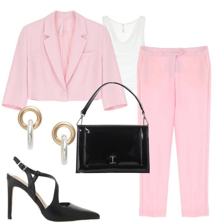 Outfit donna - Raffinata in città. Stile Urban per Tutti i giorni. Abbinamento con pantaloni, décolleté, borse a tracolla, top, blazer, orecchini.
