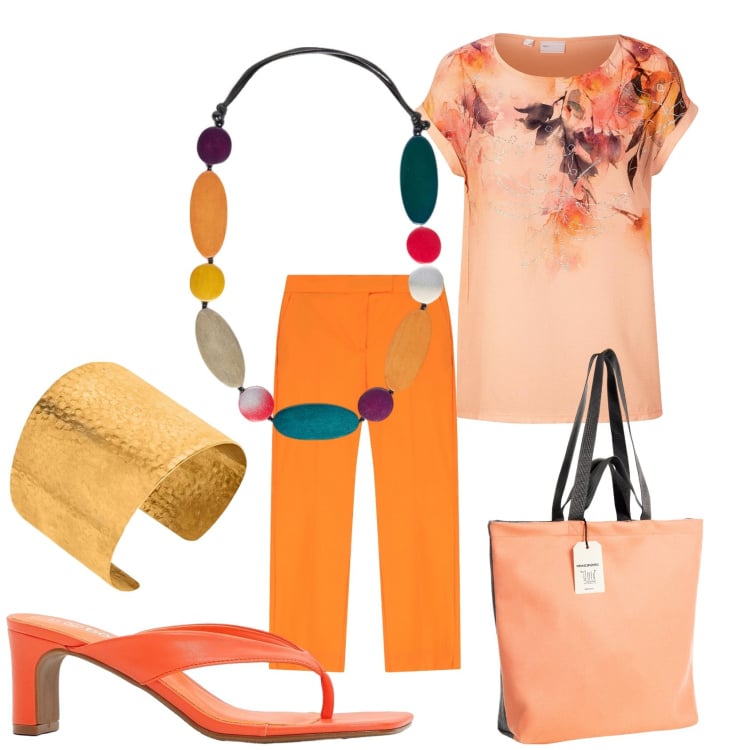 Outfit donna - Orange. Stile Casual chic per Tutti i giorni. Abbinamento con bluse, infradito, borse tote, pantaloni, collane, braccialetti.