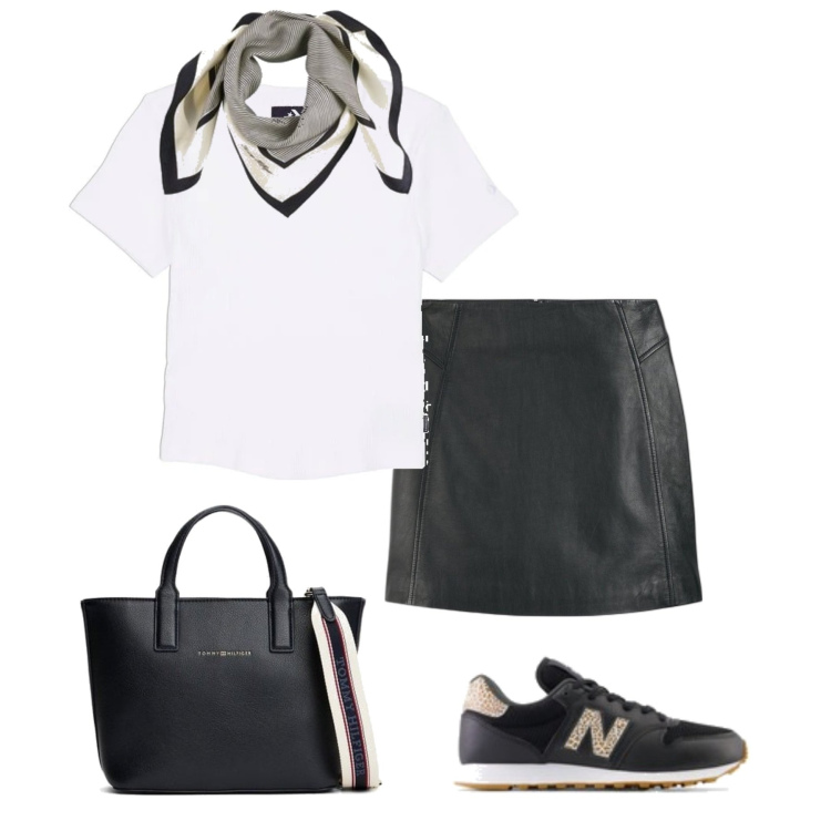 Outfit mujer - Casual chic #13475. Estilo Casual chic para Todos los días. Combinación con sneakers, minifaldas, bolso tote, camiseta, bandas para el pelo.