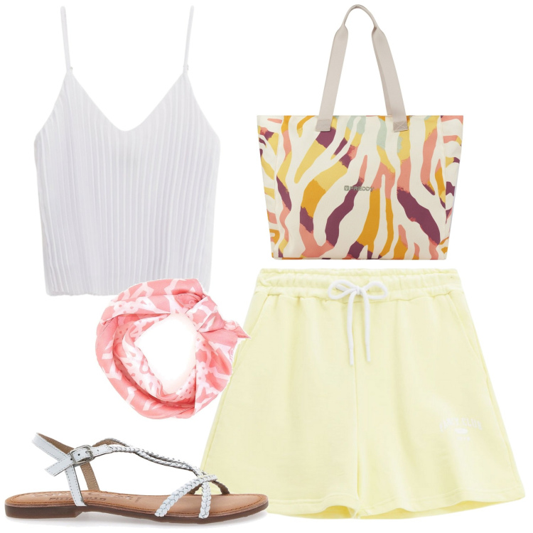 Outfit donna - Al mare. Stile Casual per Mare. Abbinamento con top, pantaloni corti, shopping bag, sandali in pelle, foulard.