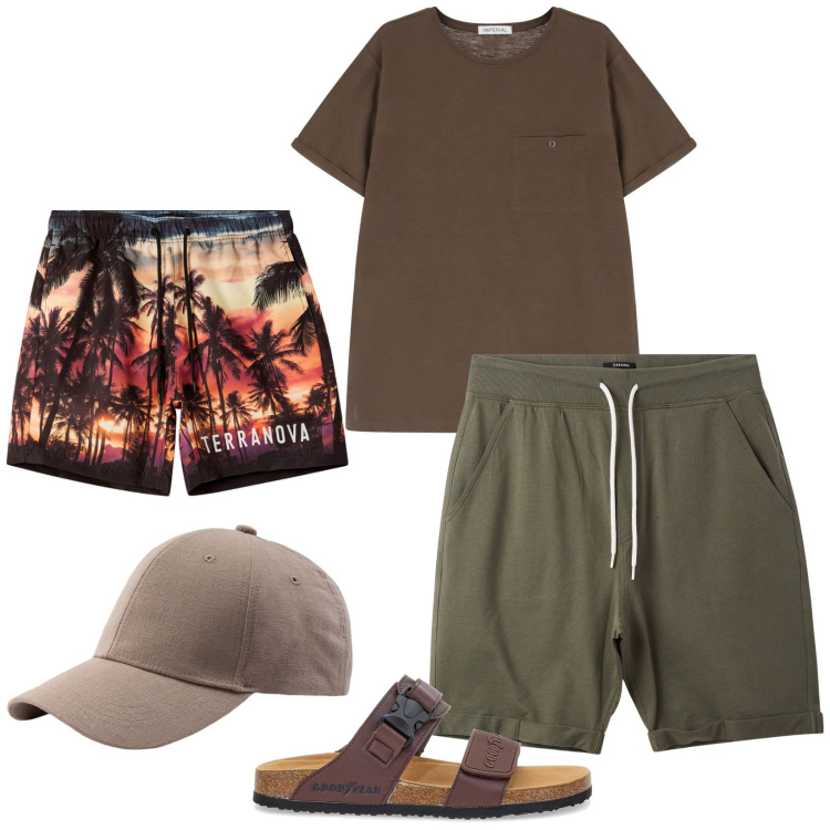 Outfit uomo - Total look #2220708. Stile Casual per Mare. Abbinamento con pantaloni corti, costumi, t-shirt, sandali, cappelli con visiera.