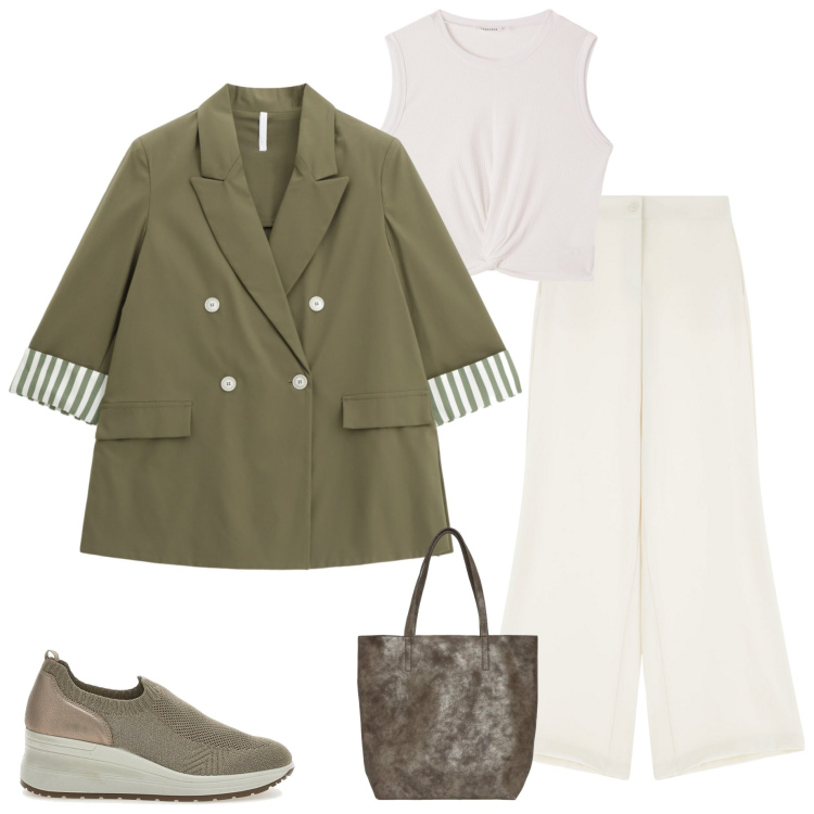 Outfit donna - In città. Stile Casual chic per Tutti i giorni. Abbinamento con borse tote, top, pantaloni, blazer, scarpe stringate.