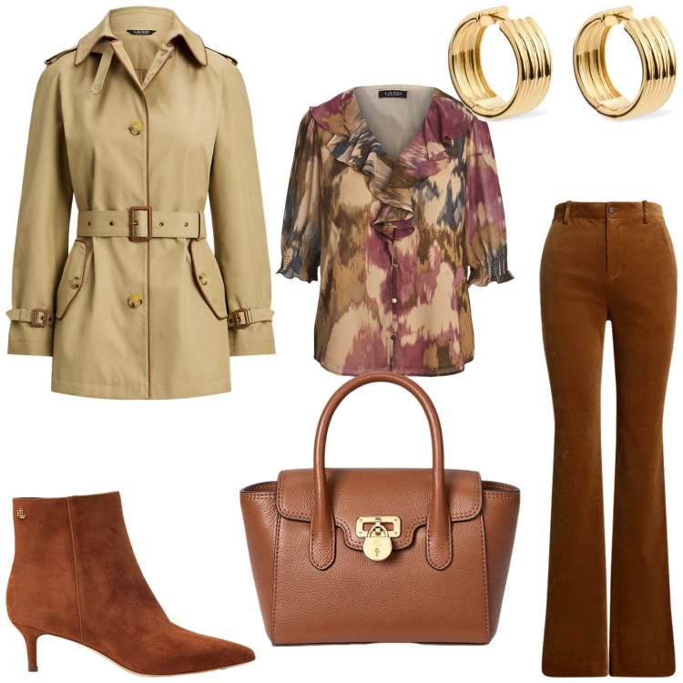 Outfit donna - Total look #2220726. Stile Vintage retrò per Ufficio. Abbinamento con pantaloni, borse a mano, trench, stivaletti, bluse, orecchini.
