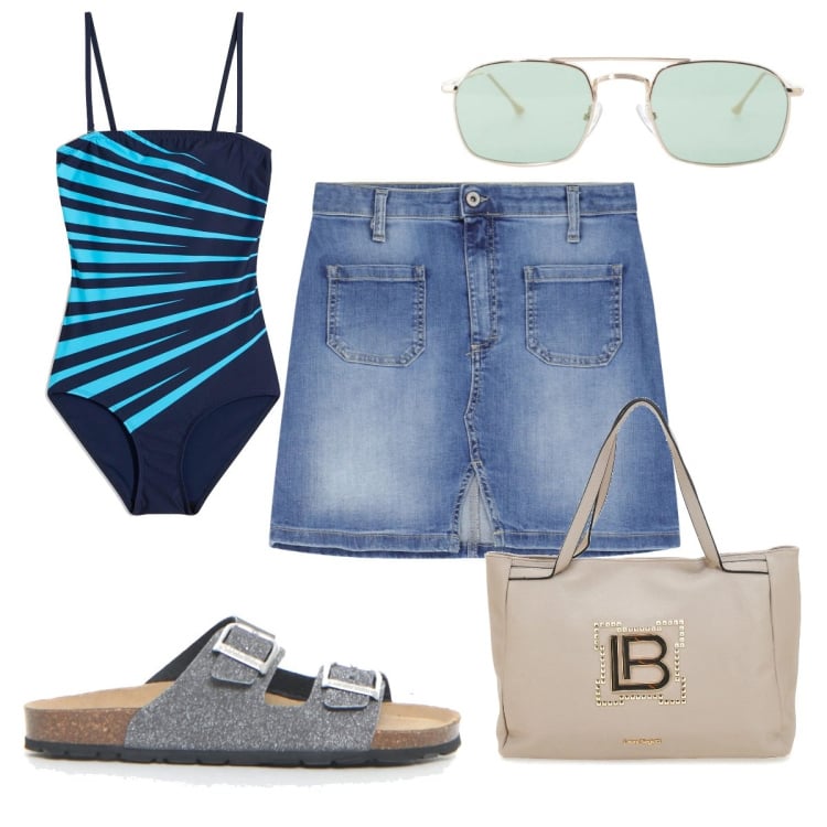 Outfit donna - Total look #2220948. Stile Trendy per Mare. Abbinamento con costumi interi, minigonne, occhiali da sole, borse a spalla, ciabatte.