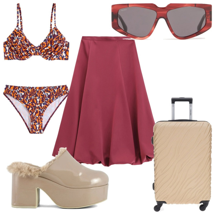 Outfit donna - Total look #2220950. Stile Trendy per Mare. Abbinamento con bikini, gonne longuette, sabot, valigie, occhiali da sole.